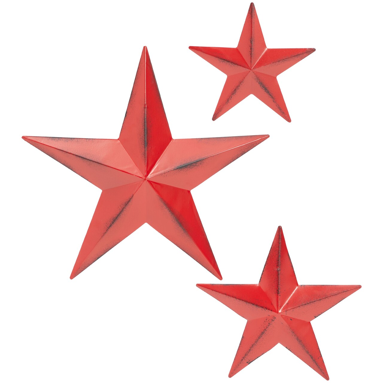 Red Metal Stars for Indoor and Outdoor Wall Decor, Rustic Design (3 Sizes, 3 Pack)